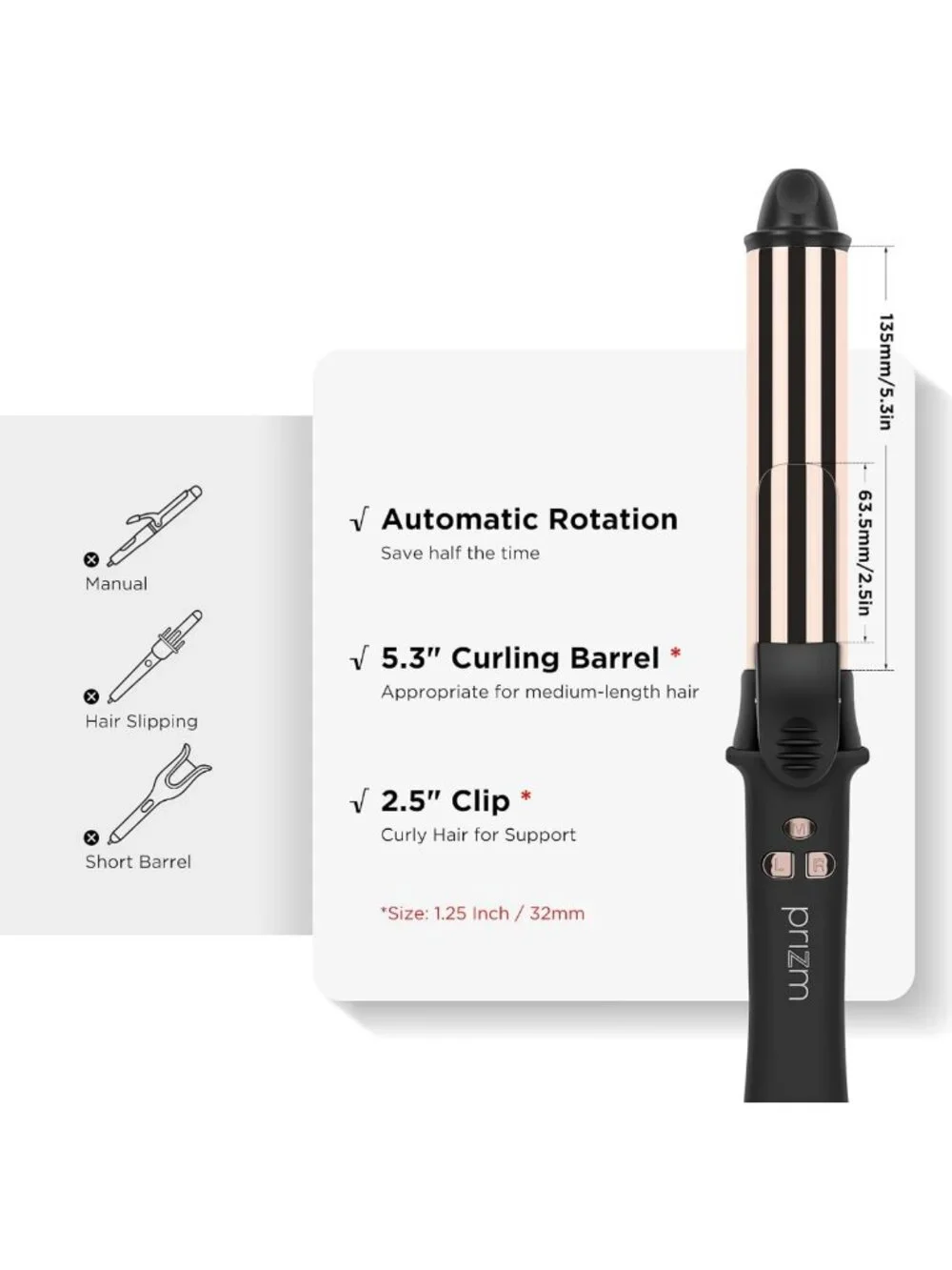Automatic 1.25” Curling Iron - Rotating Wand, LCD Display, Dual Voltage, 450°F